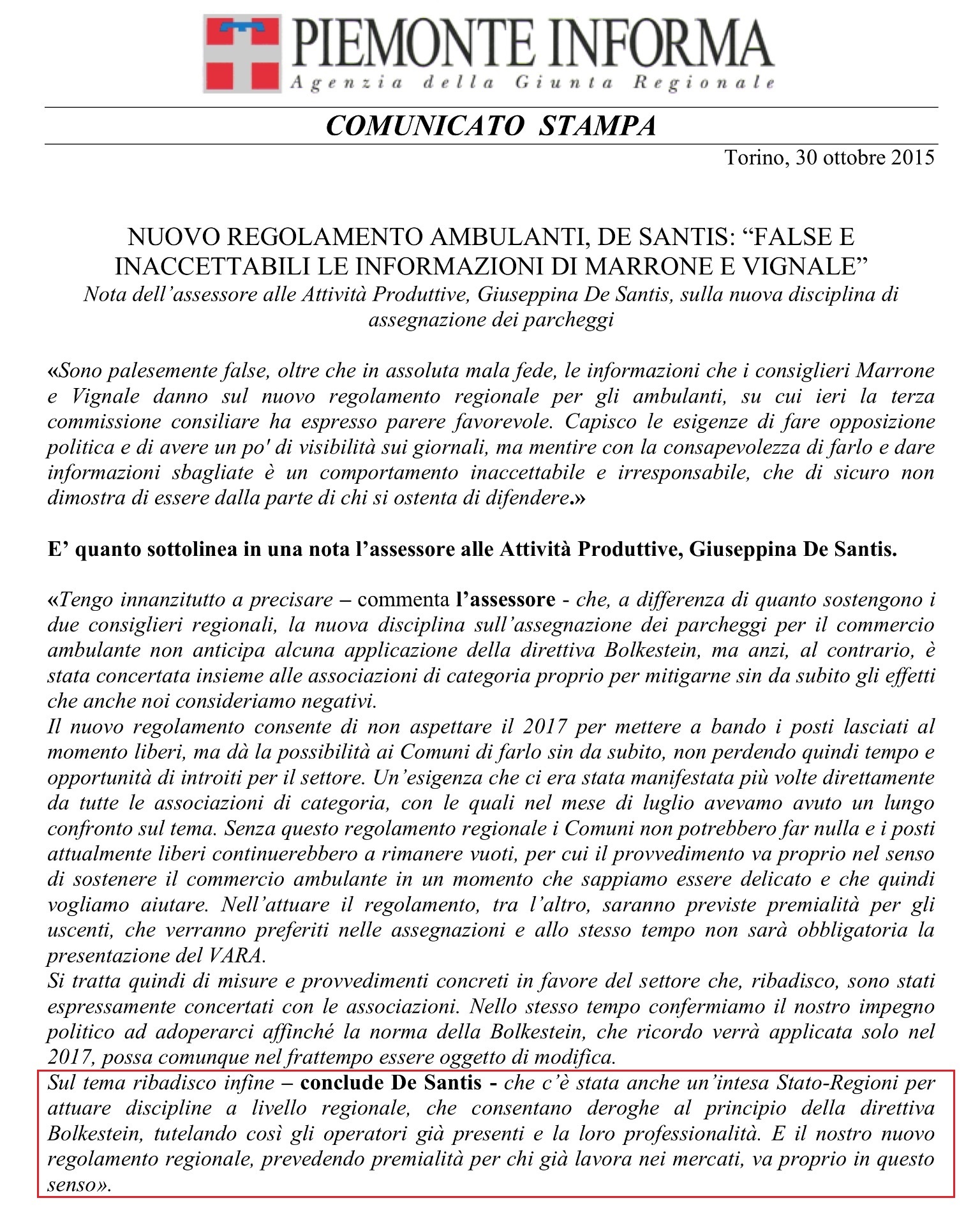 Bolkestein DICHIARAZIONE DELLASSESSORE DESANTIS